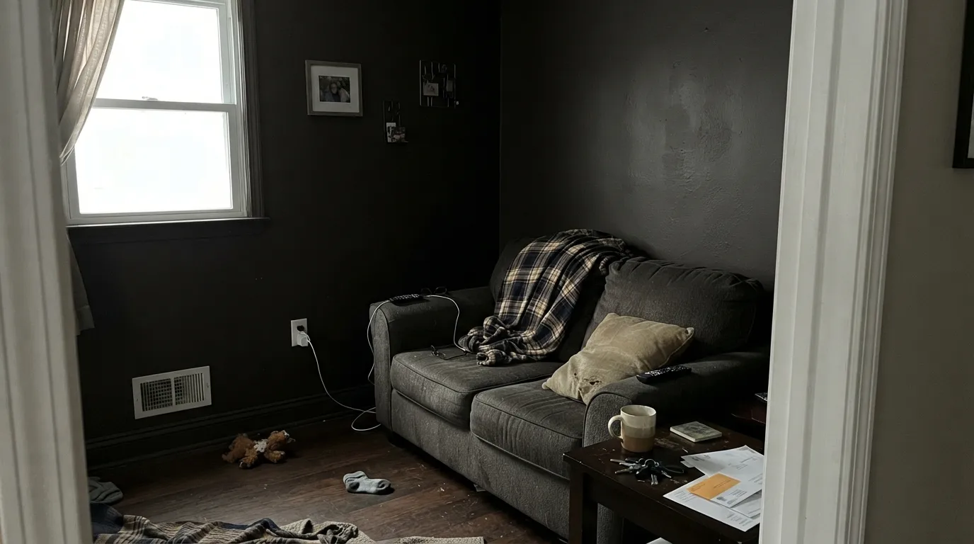 The honest shot: without real daylight or lamps, the wine disappears completely and the room just reads dark brown-black — the exact letdown behind "I wanted purple, not black."