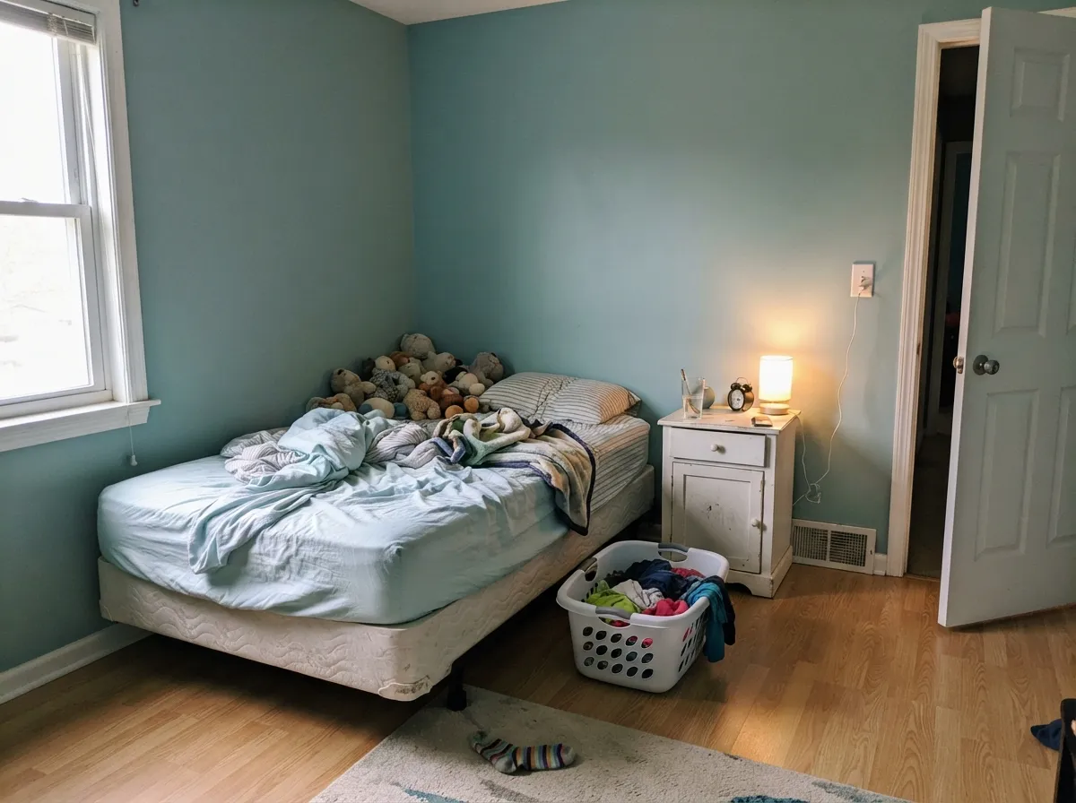 In a morning-lit kids' room it stays grayed enough to grow up — water, not a cartoon ocean.