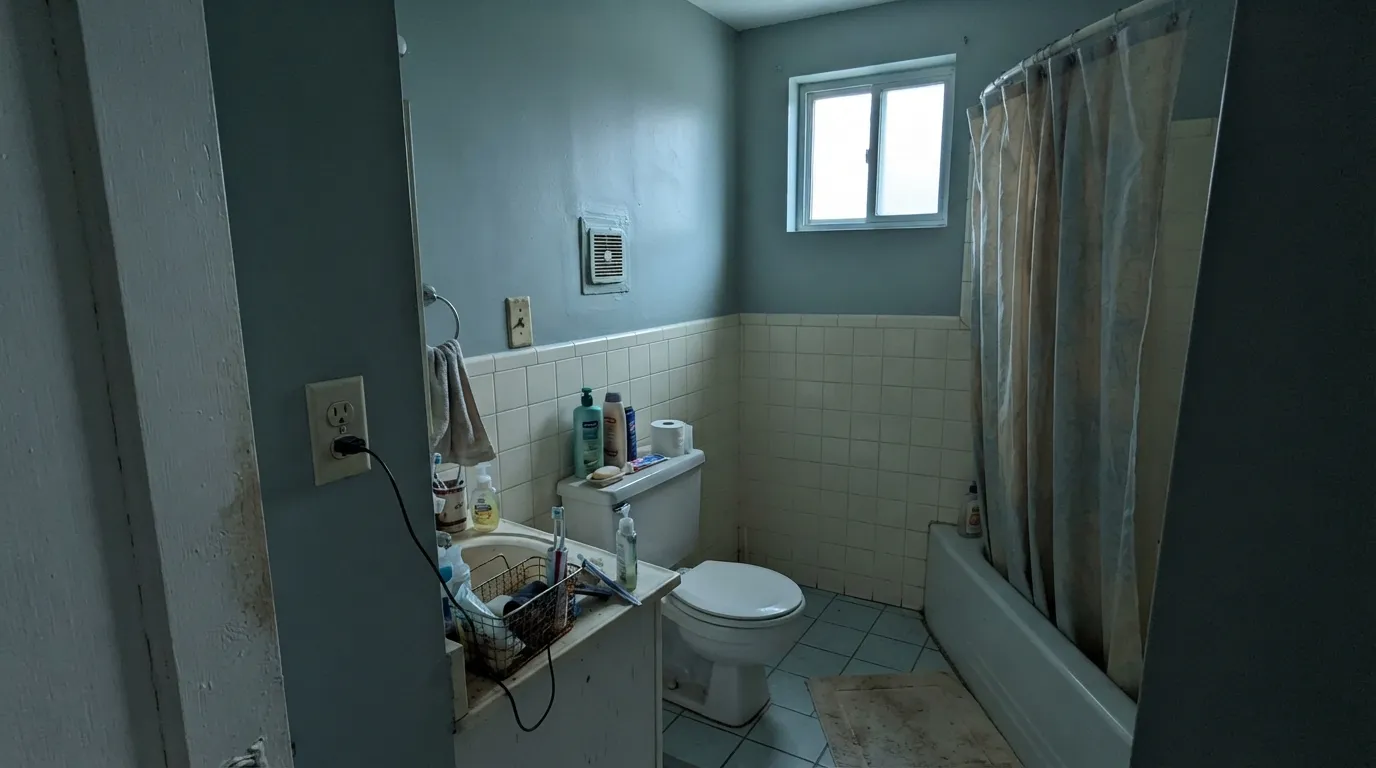The honest shot: cool north light strips the water and leaves a dirty gray-blue — the dim-room version of this color.