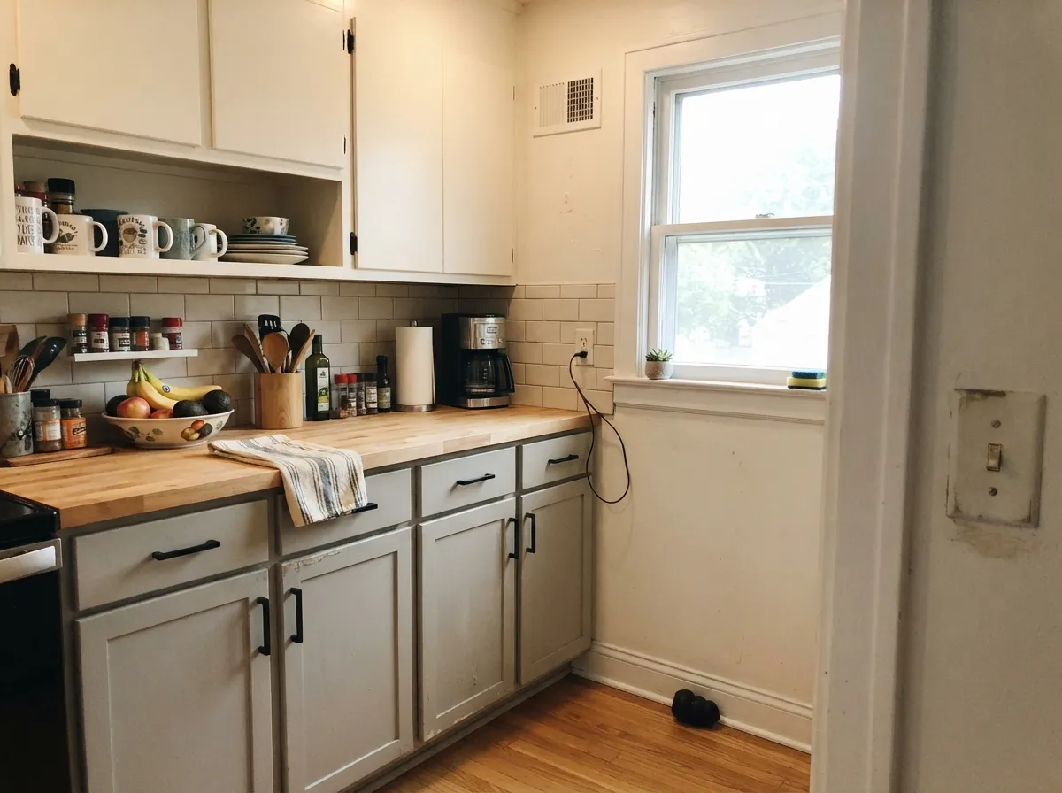 The most common real use of this color: a mid-depth island under lighter walls and cabinets, reading deliberate instead of heavy.