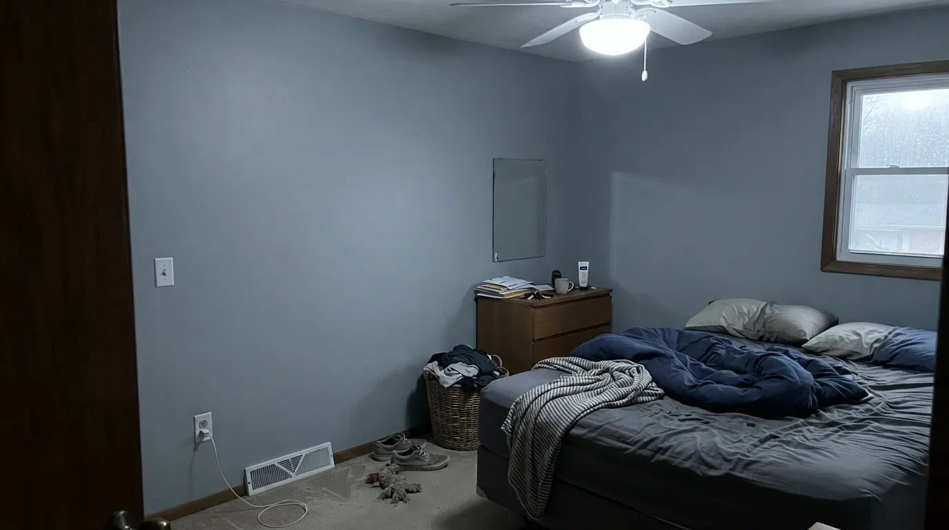 The honest shot: dim north light and a cool bulb pull the gray-blue undercurrent forward and drain the warmth — the exact surprise behind most of this color's mixed reviews.