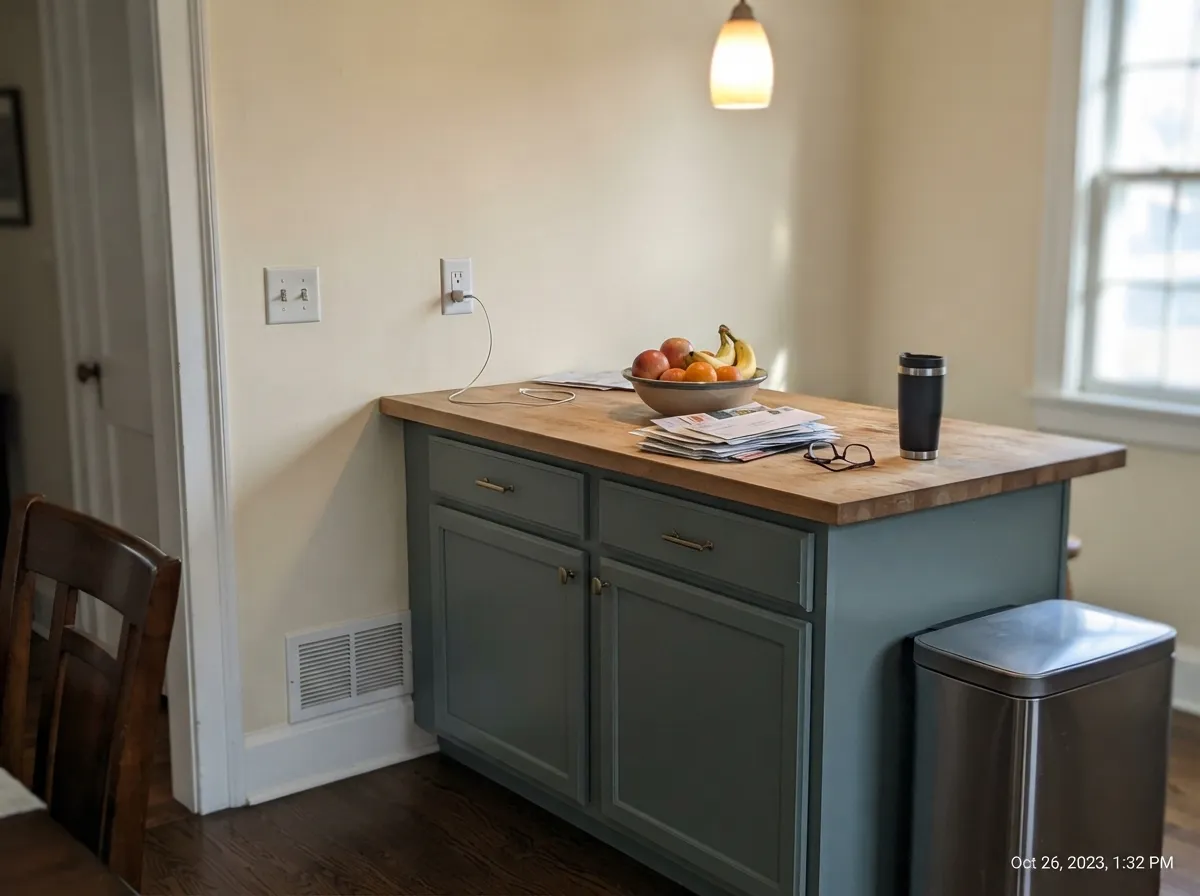 The island job: warm cream walls keep the kitchen bright while Dragonfly carries all the color on the cabinetry.
