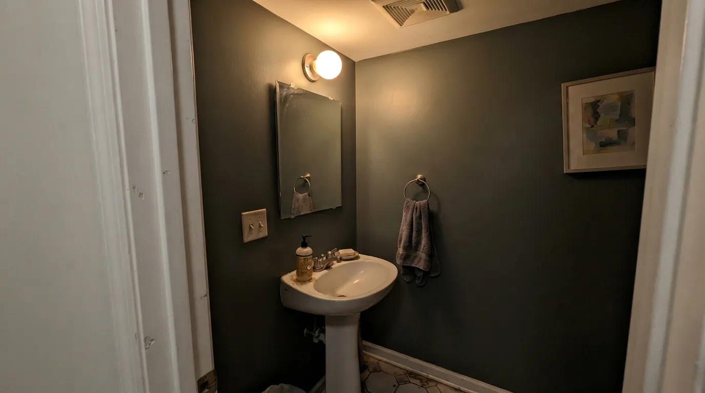 The honest shot: a windowless powder room lit only by one bulb. The teal disappears and the walls read flat, muddy gray-green — the complaint behind every "it looked so pretty on the chip" review.