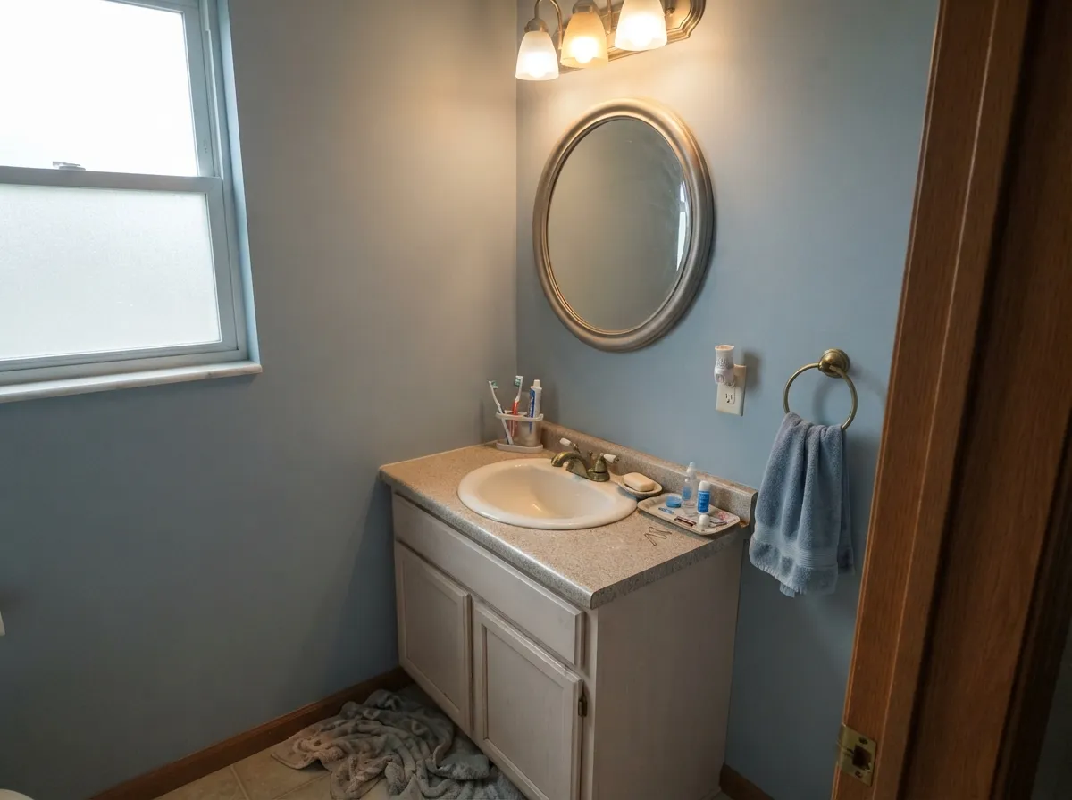 Its second-best room: with brass fixtures and a blue-green tile accent, the color's misty undertone reads deliberate, not accidental.