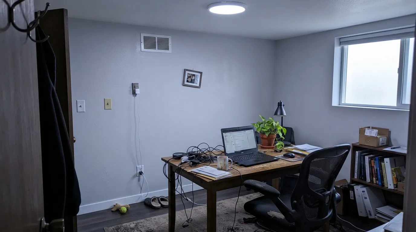 The honest shot: cool LED light with no warm lamp pulls the blue-green base toward a visible lavender cast — the exact surprise behind the "I wanted plain gray" reviews.