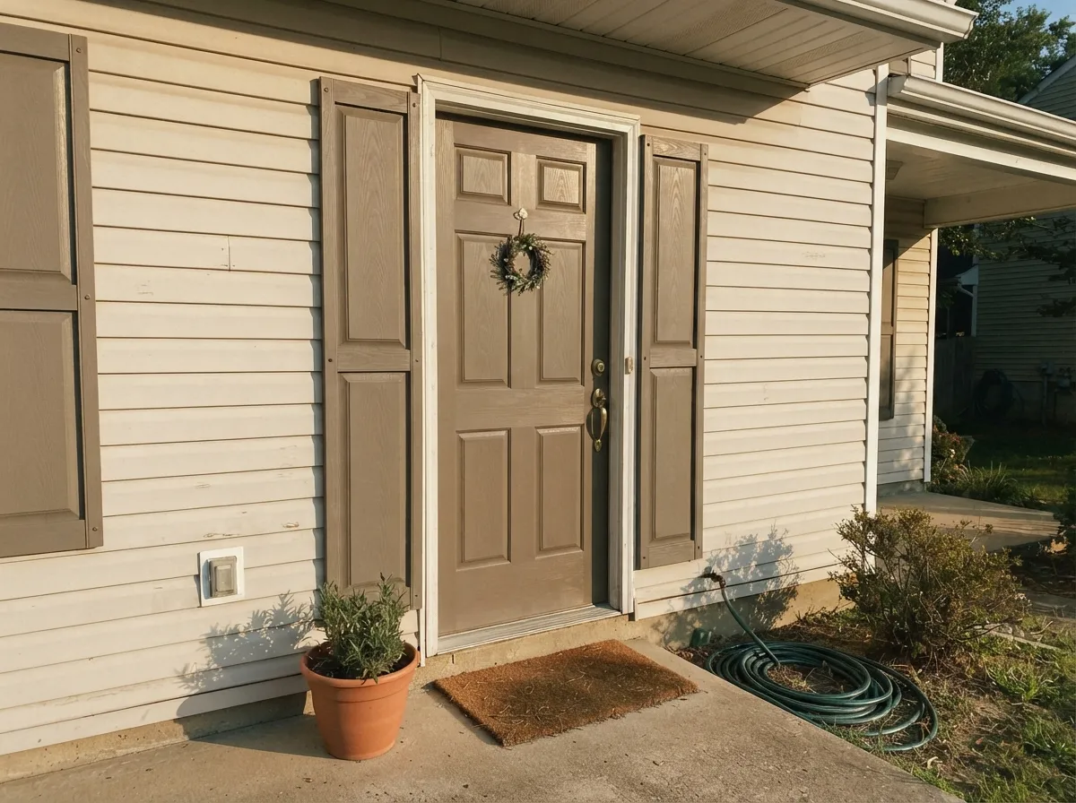 Its most common real job outside: a front door and shutters against a lighter siding, reading confident and deliberate in warm sun.