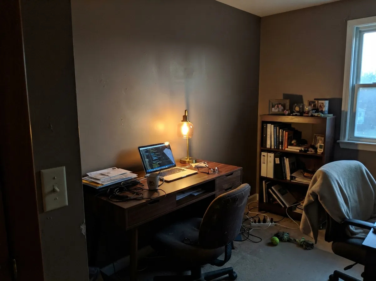 Under lamp light, the one room where it earns its place on a full wall — cozy and grounded instead of heavy.
