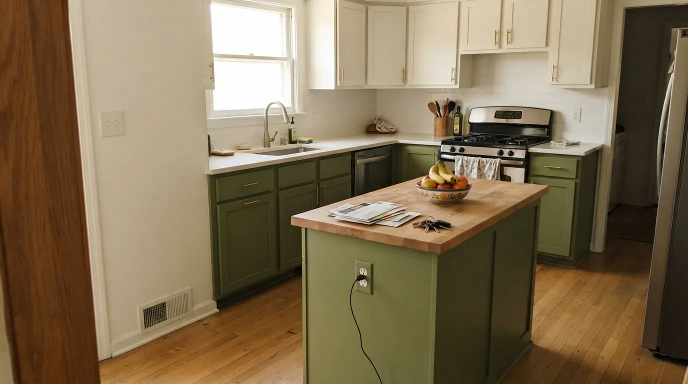 Ecological on the island against Alabaster walls and brass pulls — warm daylight keeps the green earthy, not muddy.