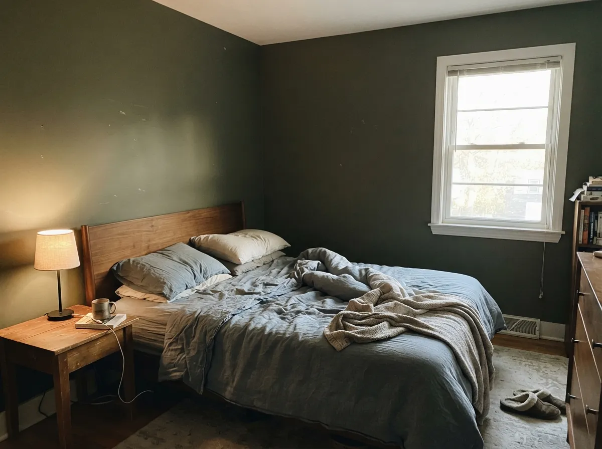 One accent wall behind a walnut headboard — the color's most-recommended job, and the safest way to go dramatic.