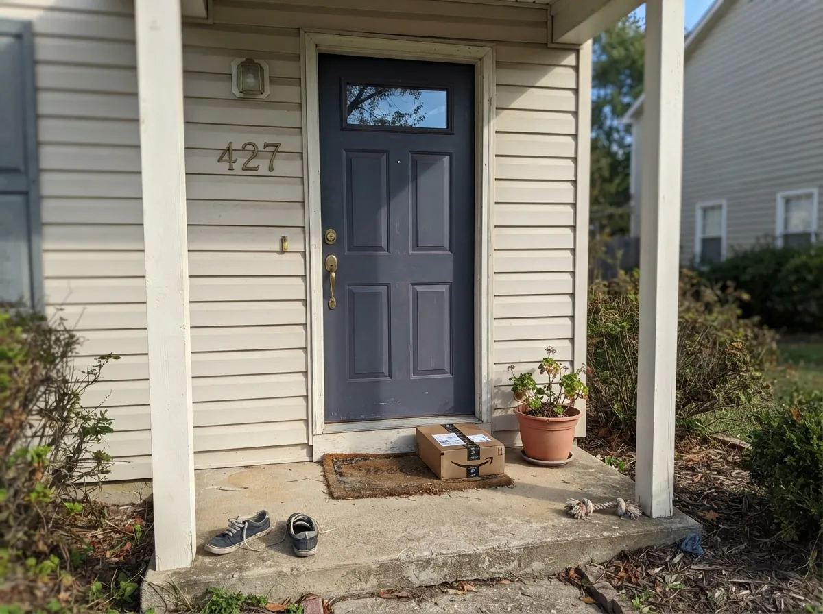 On a front door against light siding, full sun reads it clearly blue — one of its best jobs.