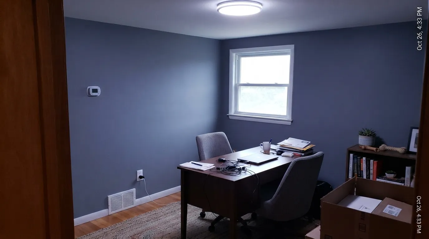 The honest shot: dim north light with cool bulbs and the blue drains out, leaving a flat, violet-leaning gray. This is the light where English Channel disappoints.