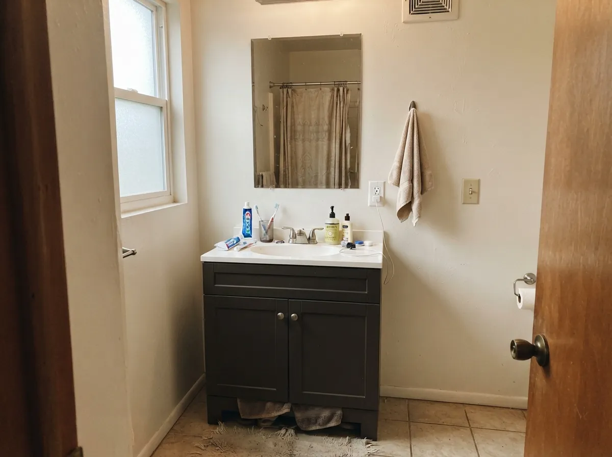 The small-commitment move: one dark vanity under light walls, reading custom without betting the whole bathroom on it.