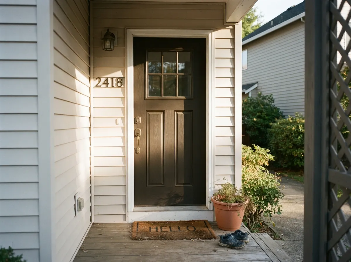 Full sun is this color's best light outdoors — the warm brown stays legible against bright siding and trim instead of collapsing into flat black.