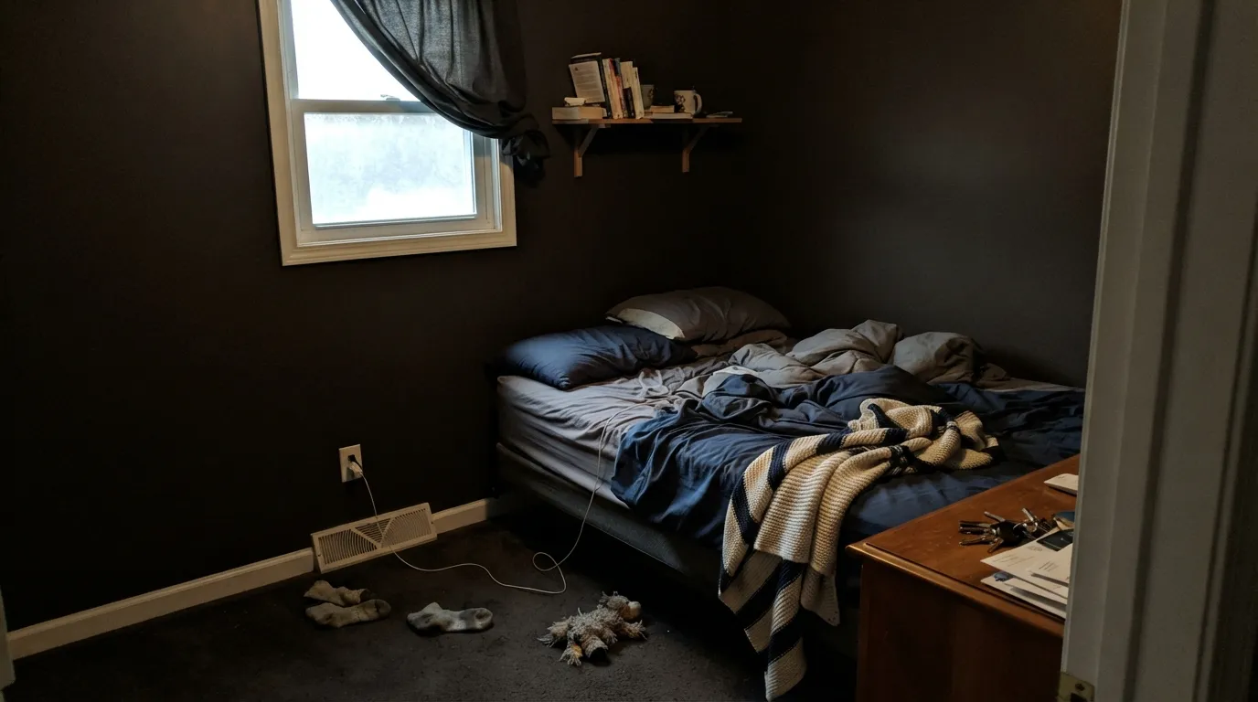 The honest shot: a whole dim room in this color with no real daylight just reads like a cave, not an accent — the mismatch behind most near-black regrets.