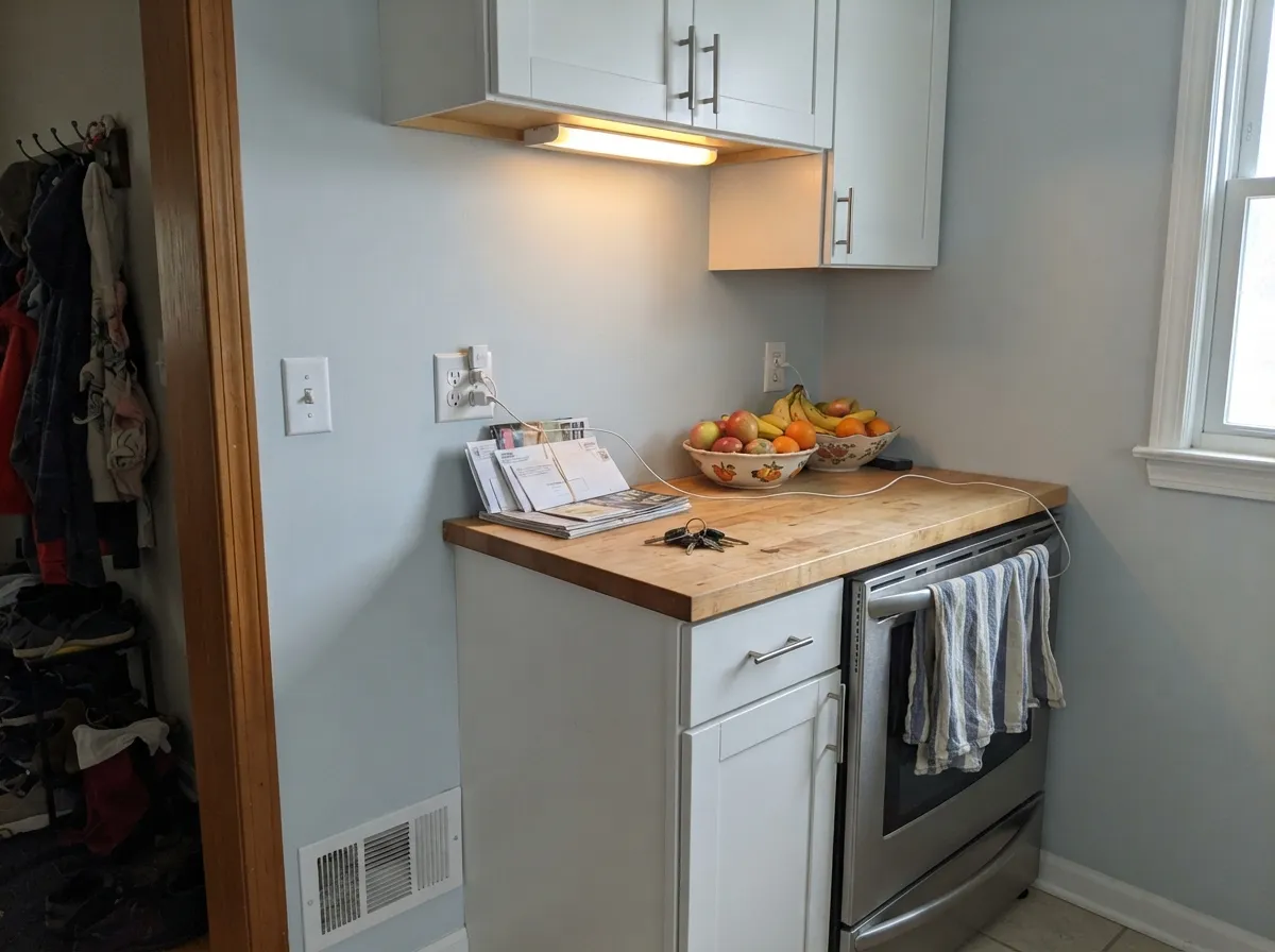 Against white cabinetry the wall goes soft and fresh rather than sterile — one of its easiest pairings.