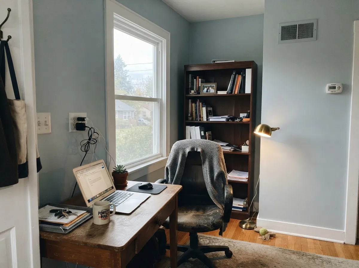A wall this quiet does not compete with a screen or a bookshelf — a genuinely underrated office color.
