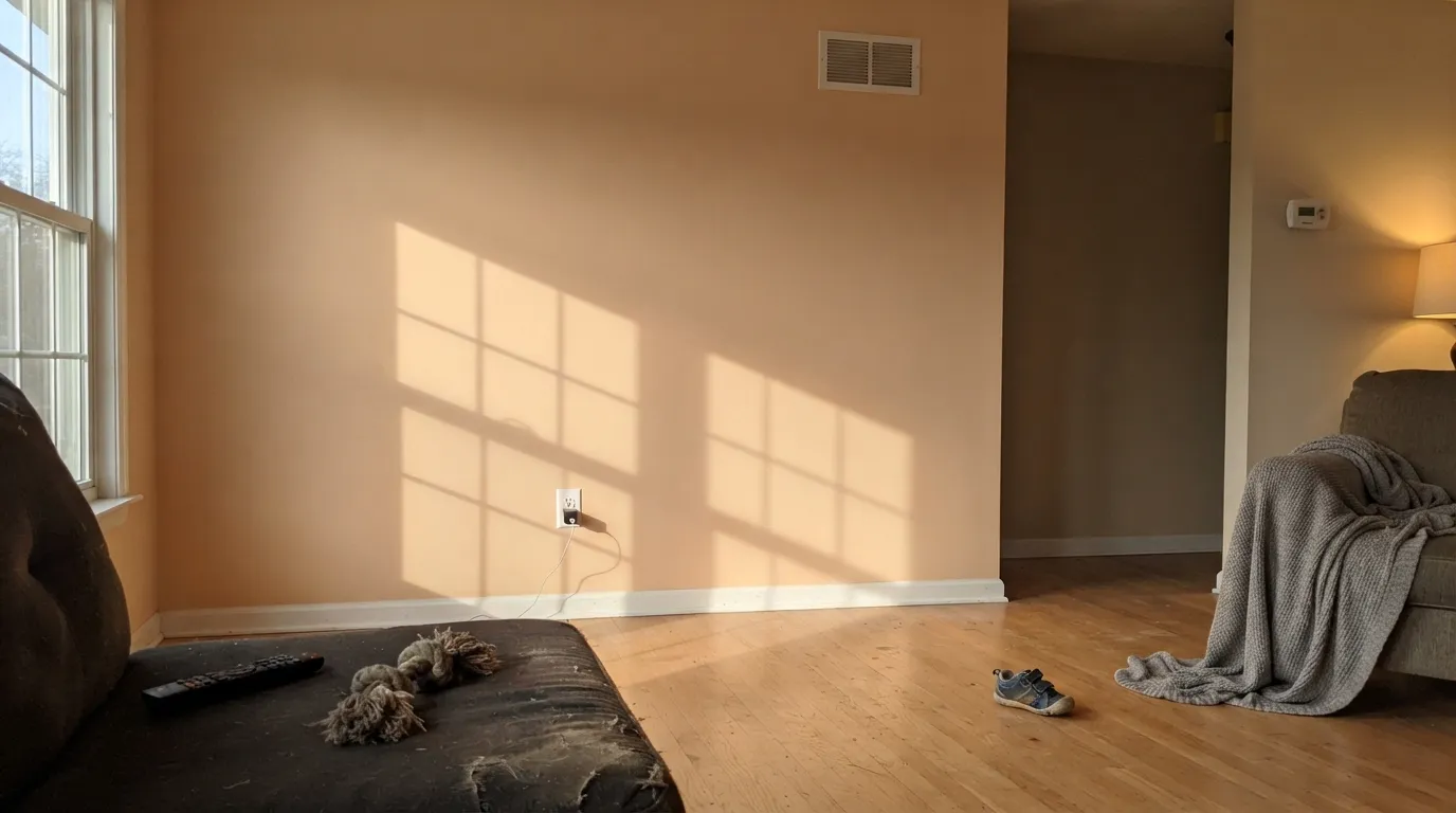 The honest shot: late west sun stacks on the red-orange base and the wall goes peachy for a couple of hours a day.