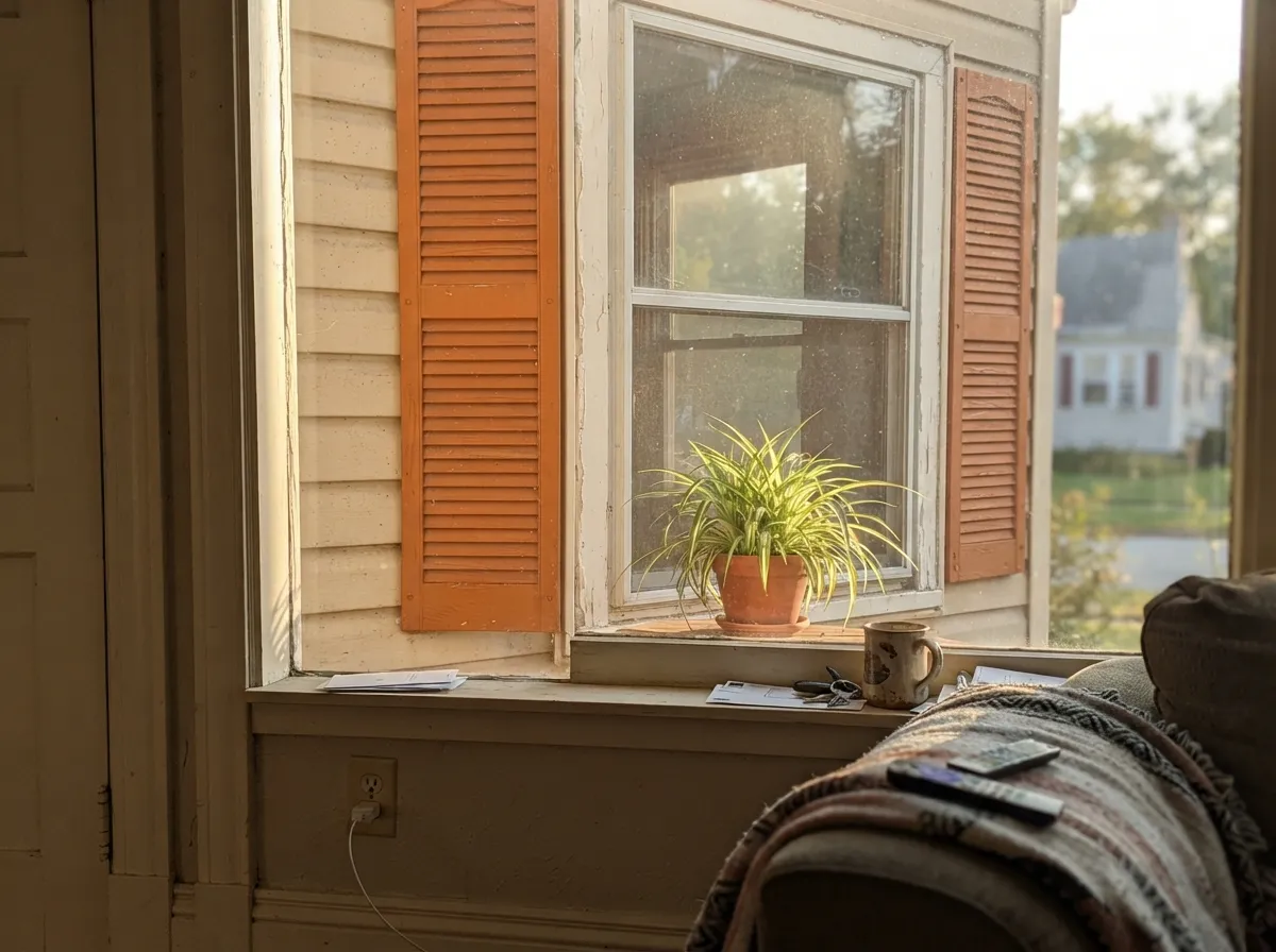The same orange in doses on shutters — bold up close, calm from the curb.