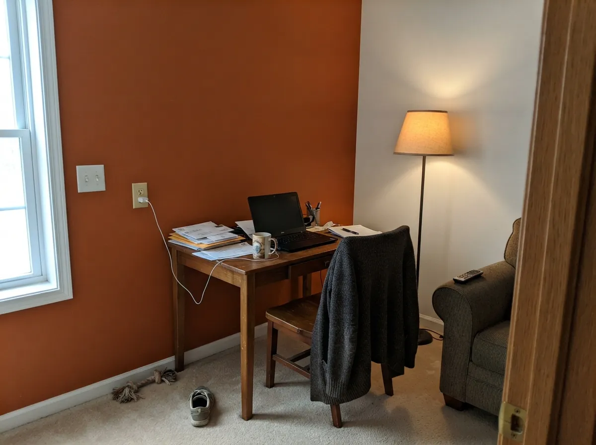 Indoors, one accent wall in warm light — the same saturated pumpkin-orange, kept to a single surface.