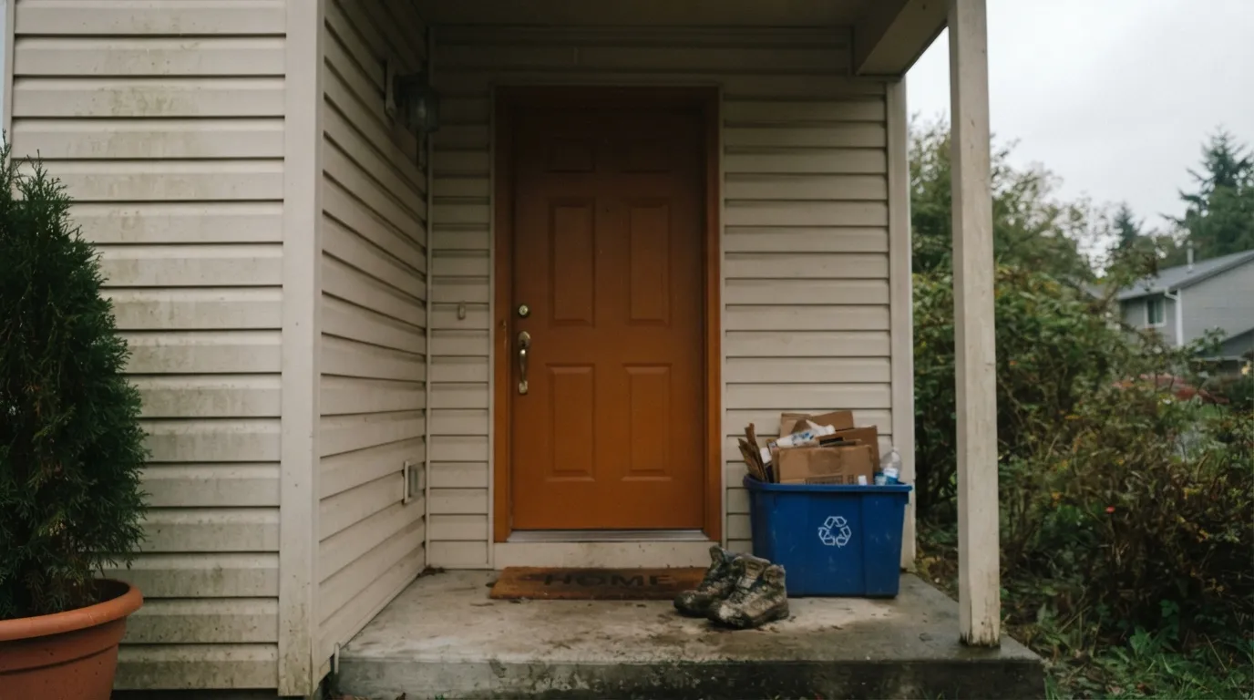 The honest shot: the same door out of direct sun. The pumpkin-orange sinks to a flat rust-brown — the light doing the damage, not the paint.