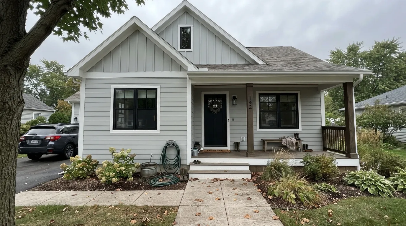 Fast As The Wind siding under real overcast daylight — the light it was made for: clean, cool gray, no glare, crisp against white trim and black windows.