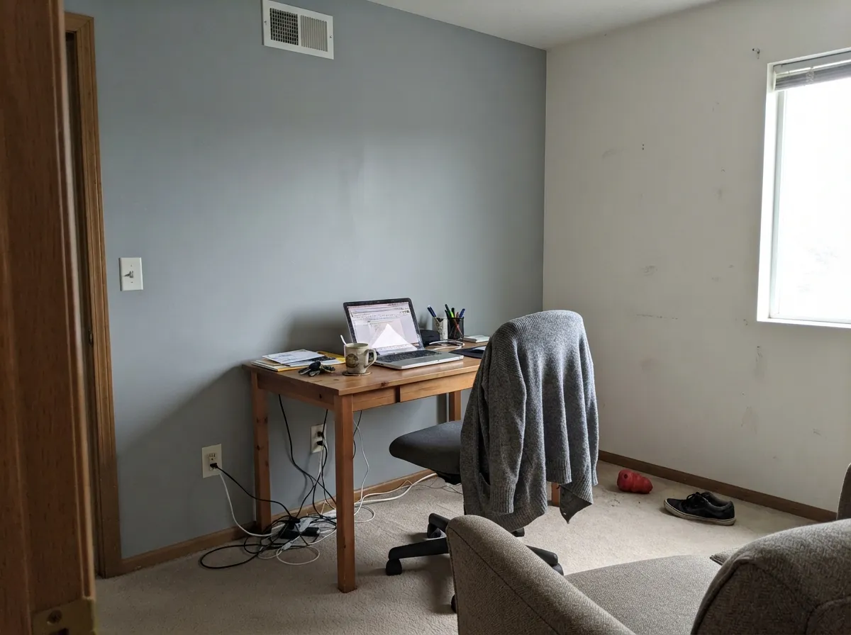 Indoors, in real daylight, the same gray reads clean and modern rather than cold — a quiet accent, not a statement wall.