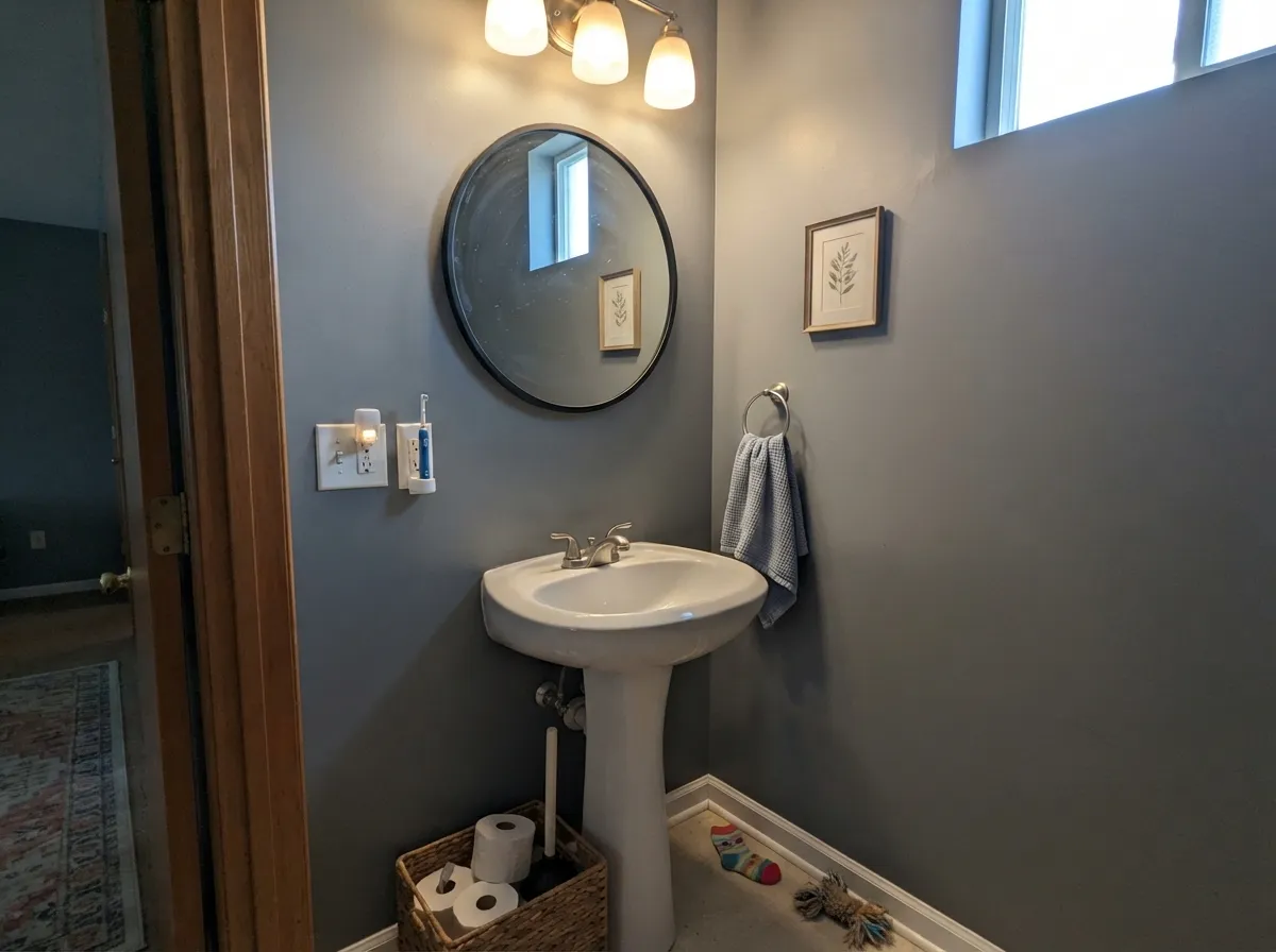 In a small room with a warm light fixture doing the work, the gray stays calm instead of going flat.