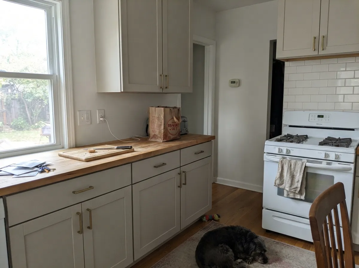 Behr's own pairing in a real kitchen — First Snow walls next to Gratifying Gray cabinets, airy without going clinical.