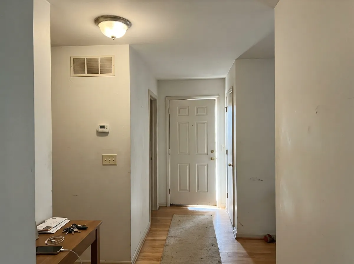 The ceiling job: LRV 82 First Snow in flat, same gallon as the walls — white overhead without the glare of a true ceiling white.
