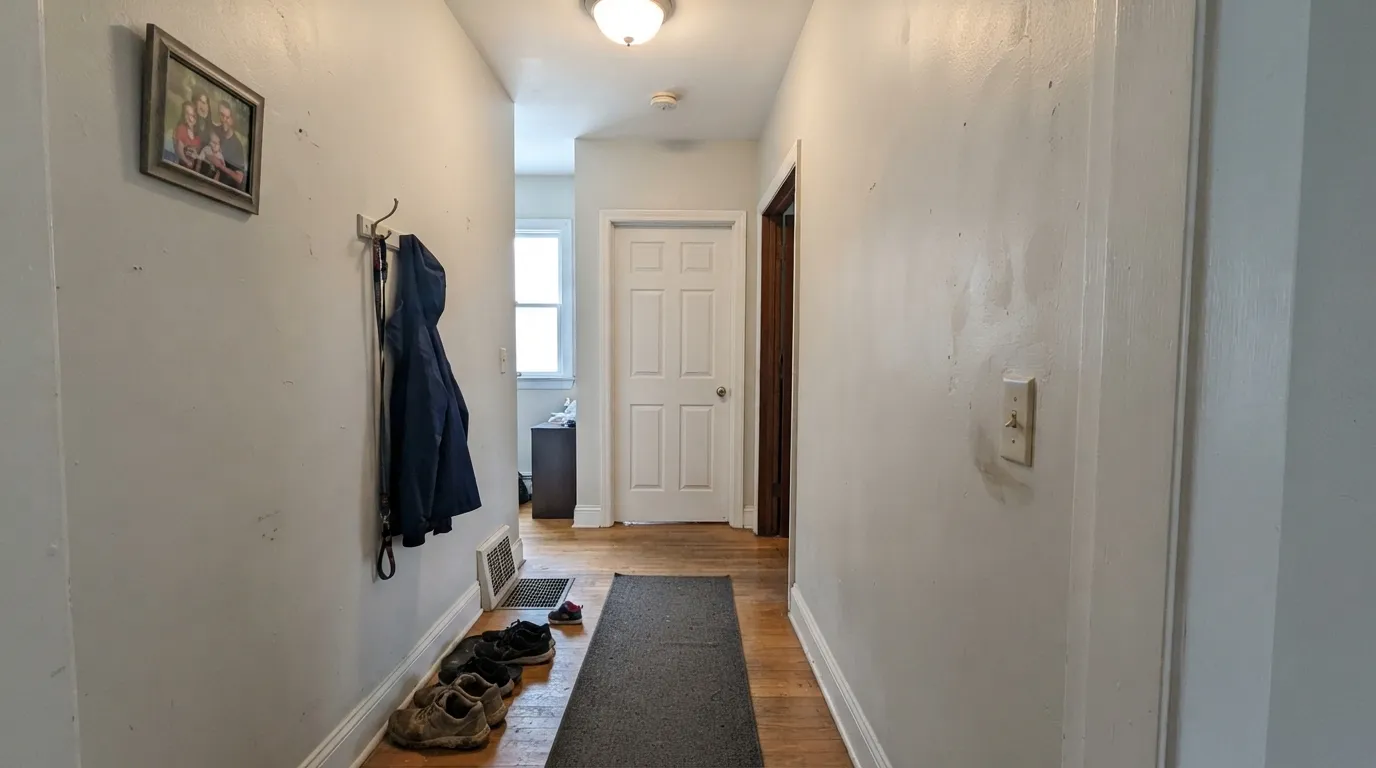 The honest shot: First Snow walls next to Polar Bear trim — the walls go light grey, exactly the pairing owners complain about.
