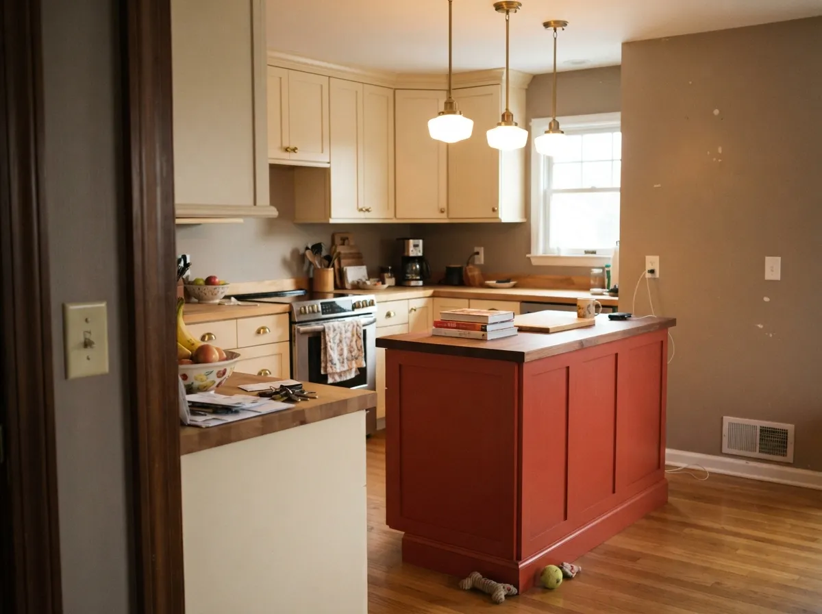 The island trick: keep the perimeter quiet and let one saturated red piece carry the room's personality.