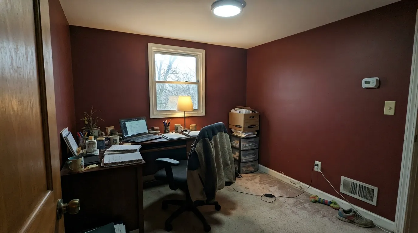 The honest shot: all four walls in Flirt Alert under ordinary cool lighting. The confident red goes muddy and heavy — this is a door-and-doses color, not a whole-room one.