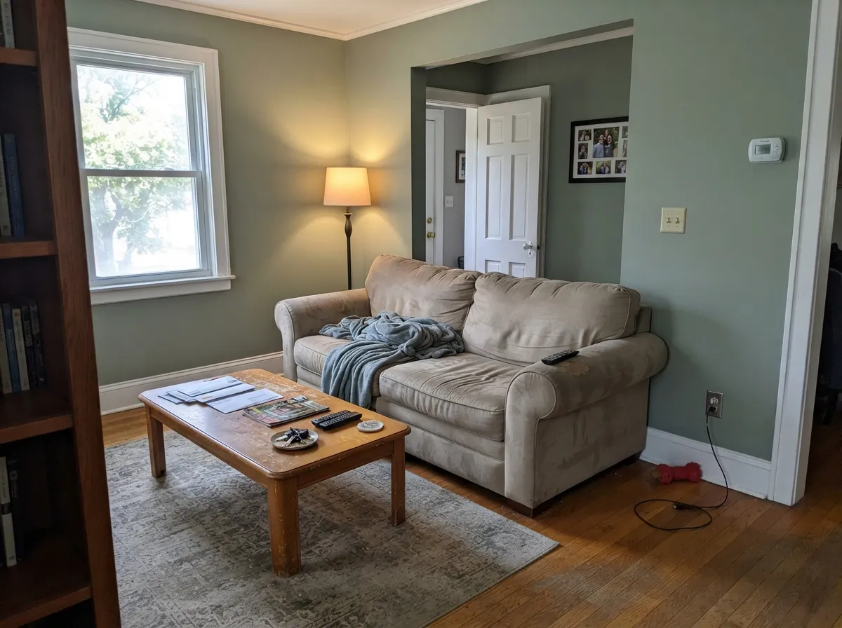 Four walls in a daylit living room — LRV 34 still breathes, leafy enough to feel like a decision next to White Dove trim and oak.