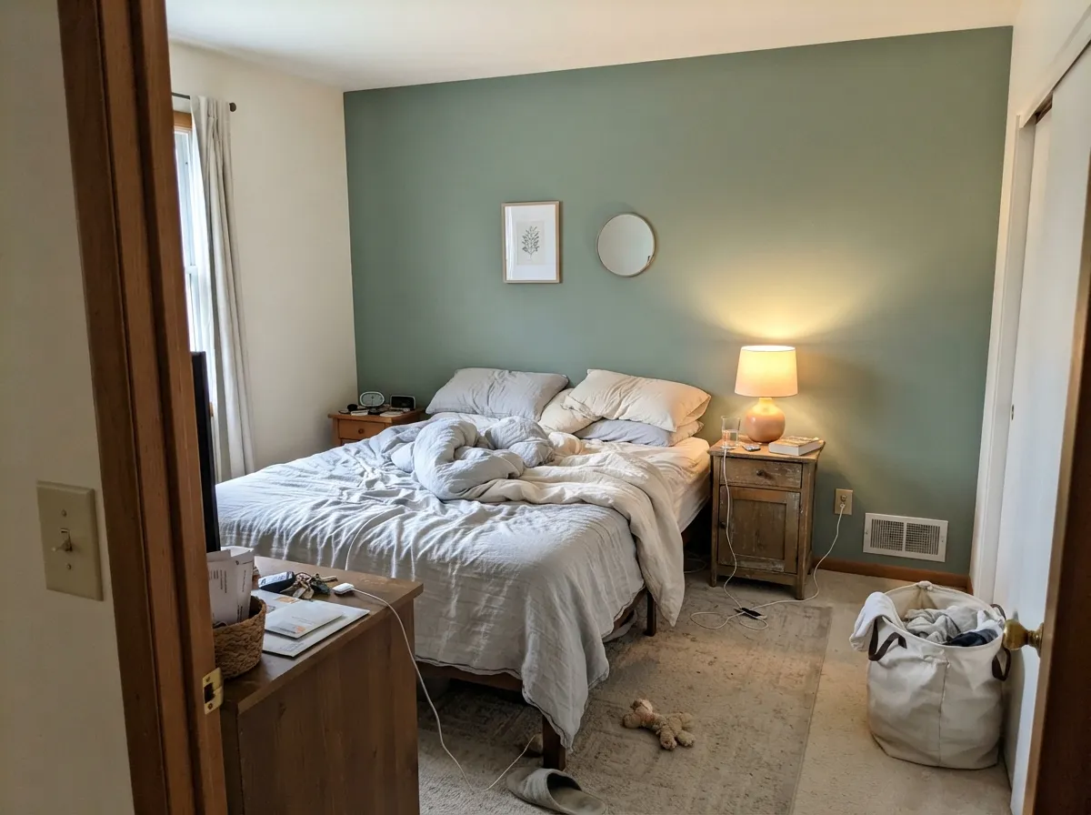 The lower-risk dose: one Forest Path wall behind real sheets — garden-green without enclosing the whole bedroom.
