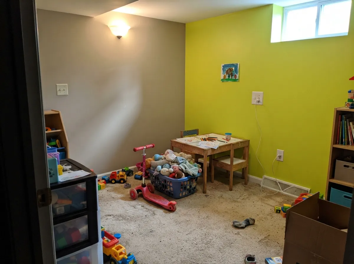 Zoning with color: the green marks the loud half of the playroom and the greige keeps the rest of it calm.