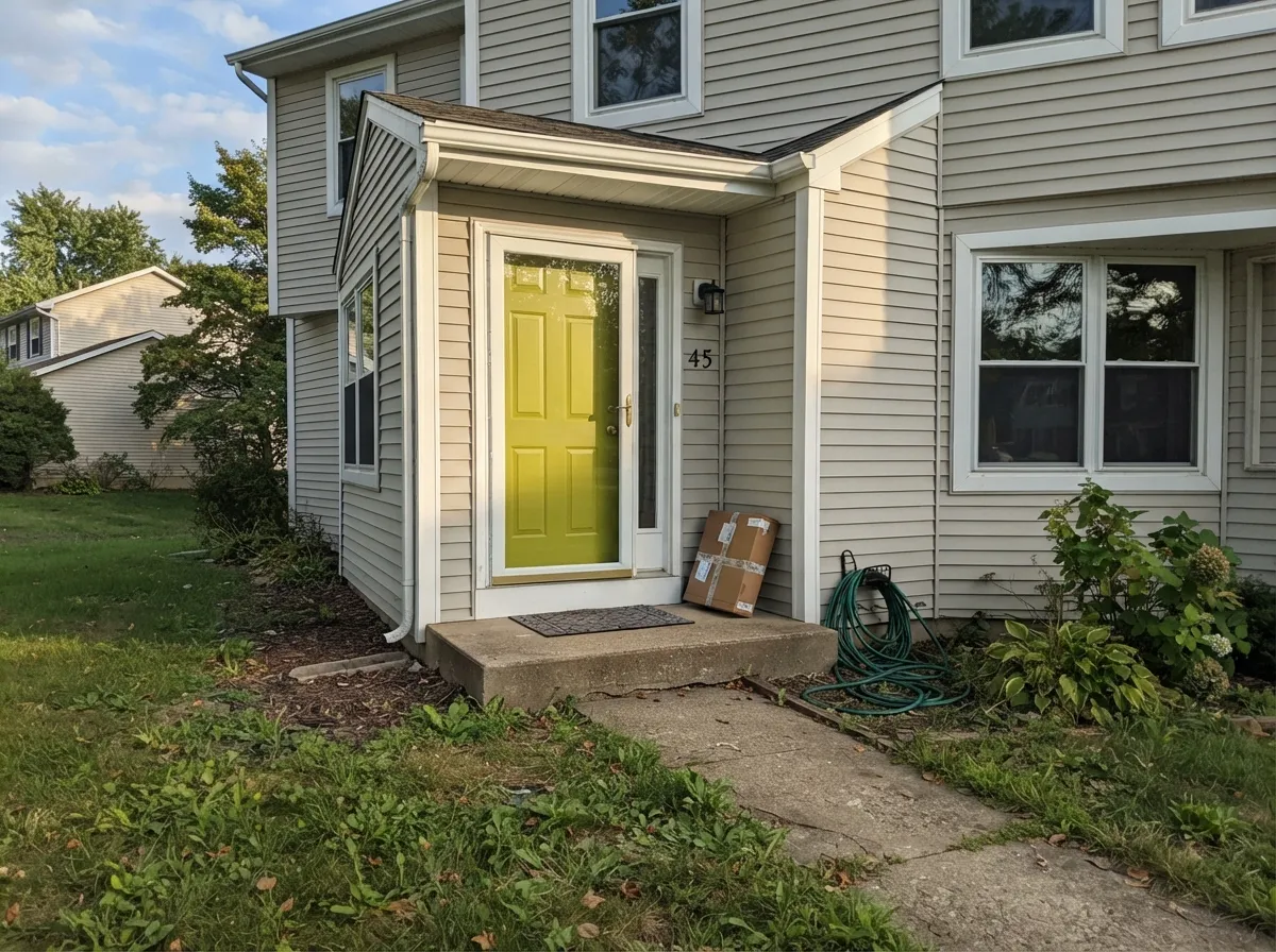 One quart of exterior satin: against pale siding and white trim the green door reads intentional instead of novelty.