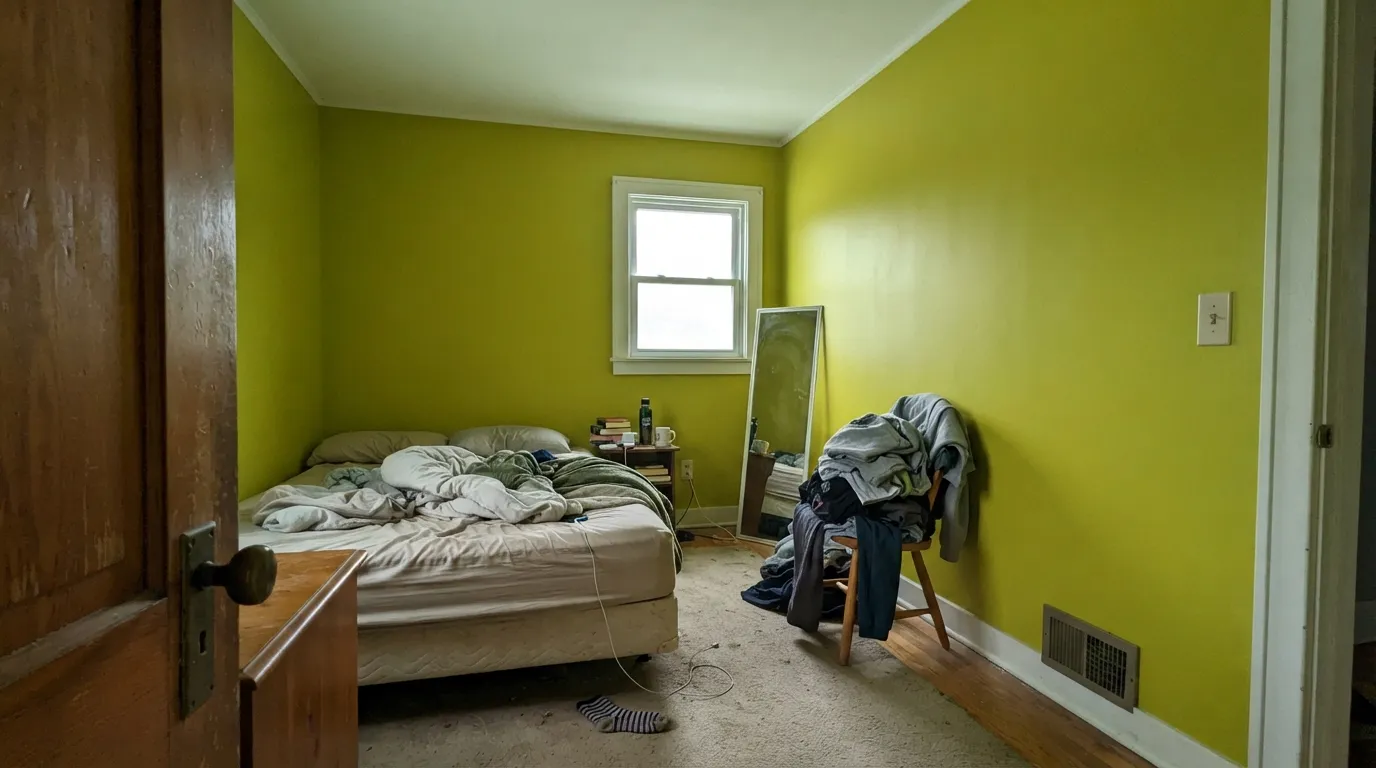 The honest shot: drenched on all four walls the green bounces onto the ceiling and the trim, and in weak light it slides toward sour olive — this is the regret people describe.