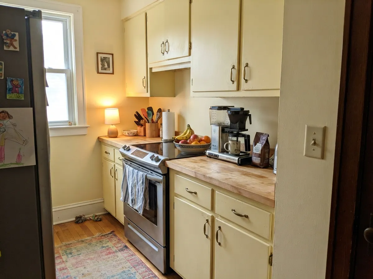 On cabinets with butcher block and brass it stays quiet and warm — considered, not a statement.