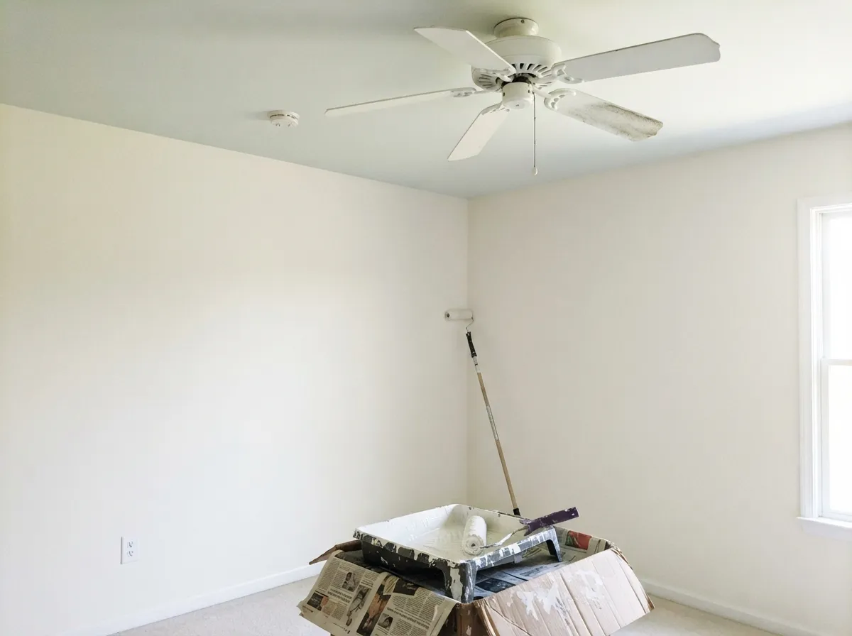 Its best job: on a ceiling Frost stays cool and disappears overhead instead of yellowing against the walls — this is the white Behr sells pre-mixed in ceiling paint.