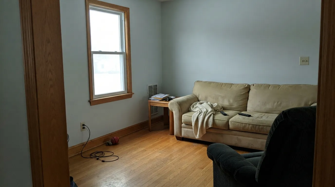 The honest shot: dim north light plus honey oak is where Frost falls apart — the floor looks more orange, the walls go gray-blue, and the cream furniture suddenly reads yellow.