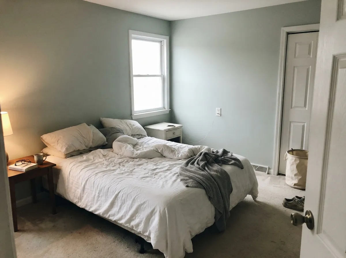 In a north bedroom the gray holds and the green stays spa, not mint — the exposure the famous cousins fail.