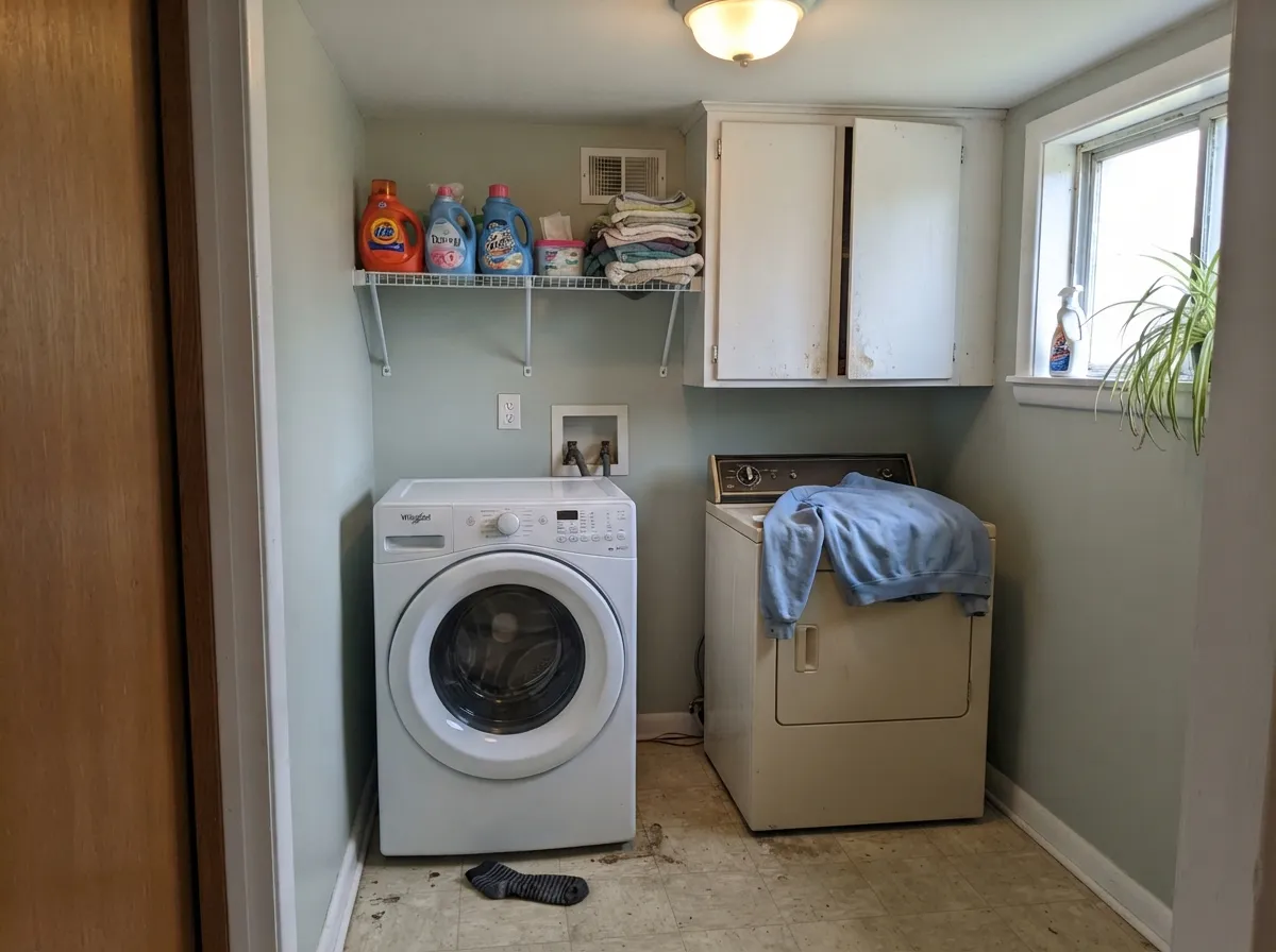 The quiet utility: Frosted Jade in a laundry keeps the room rinsed without going cave or builder-beige.