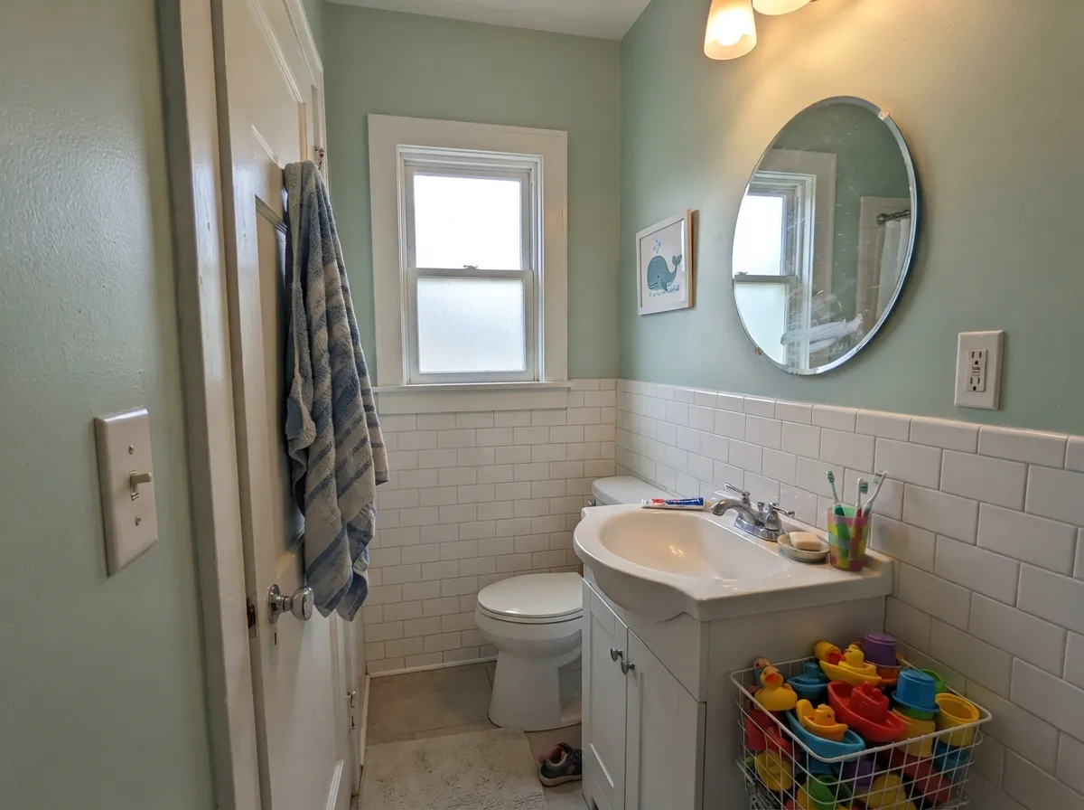 In a windowed bath with white tile it reads rinsed and restful — light sage, not spa-gray, not mint candy.