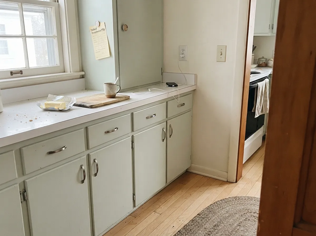 The cottage move: Frosted Sage on the boxes only, Polar Bear on the walls — color you can control, as long as the oak is pale.