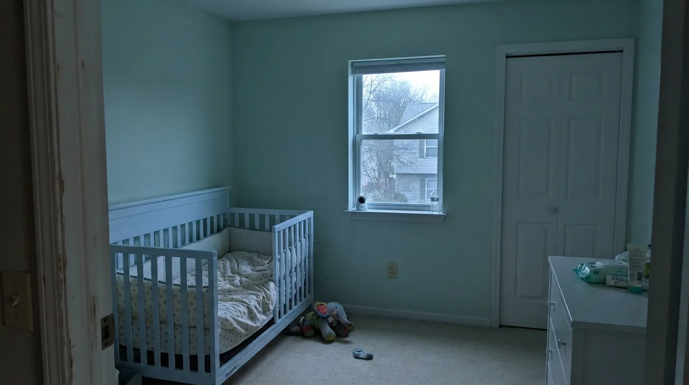 The honest shot: cool north light wakes the blue thread and Frosted Sage goes hospital-mint — the exact miss for a north nursery.