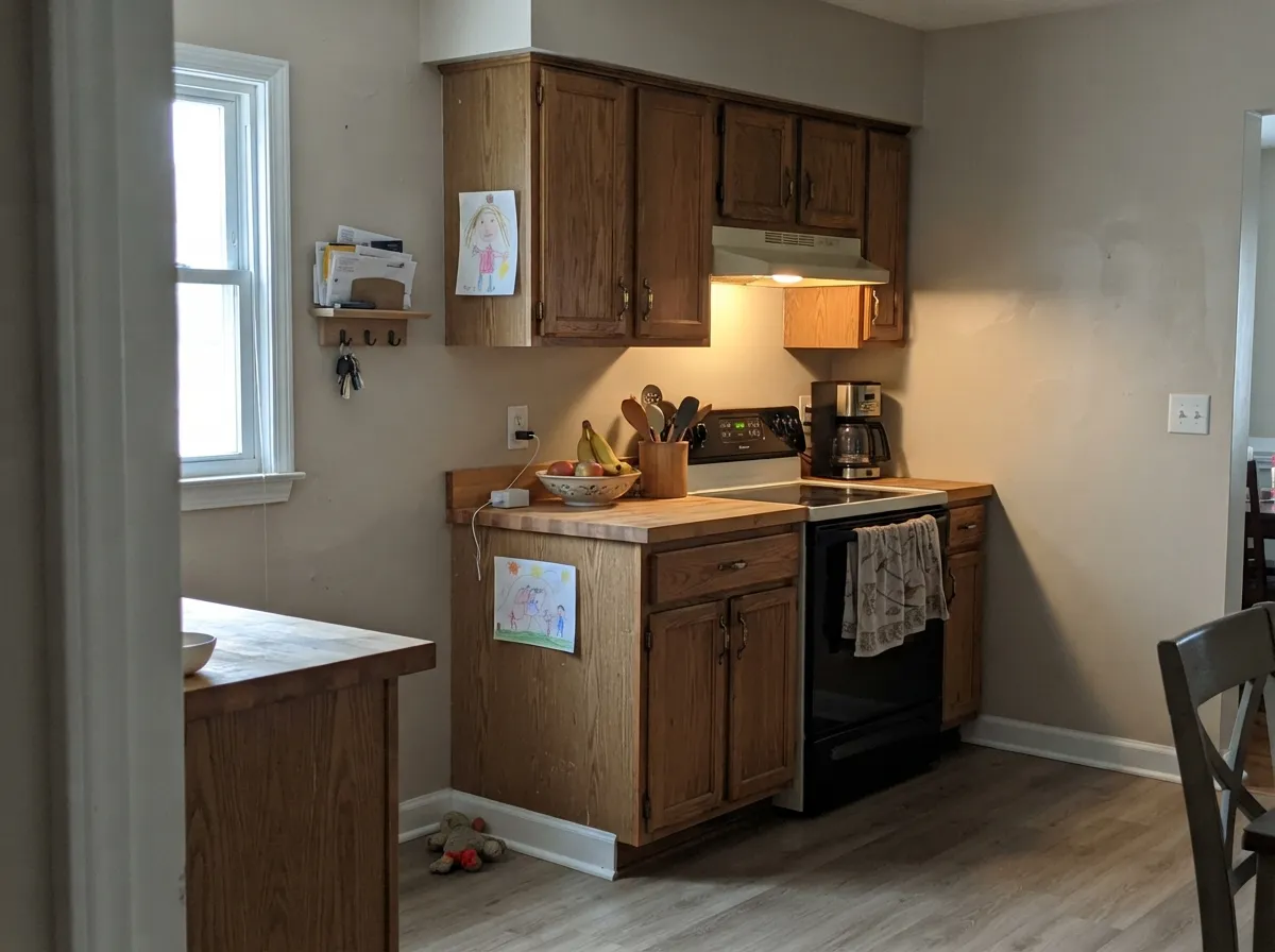 Against warm oak and brass in the kitchen, the tan undertone comes forward — the color's best, least-photographed room.