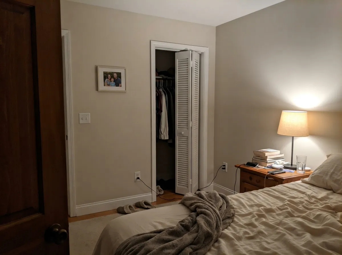 Under a warm 2700K lamp at night the tan comes forward and the room settles into calm — its best light.