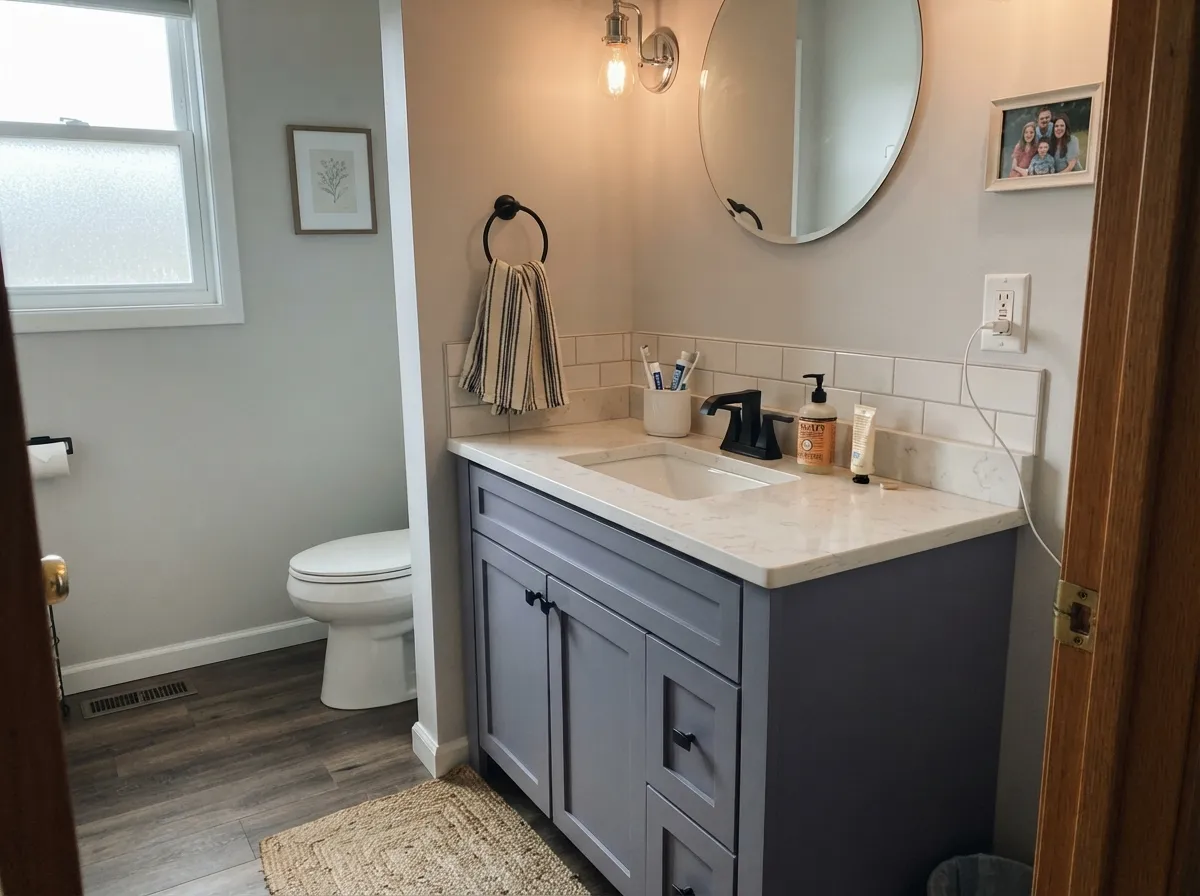 In a small powder room it plays the same role as the front door: one contained, confident decision.