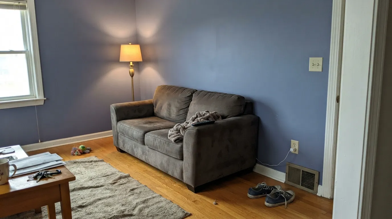 The honest shot: against honey oak floors and a warm brass lamp, the cool blue-violet goes flat and the wood goes orange — the clash the failsCallouts warn about.