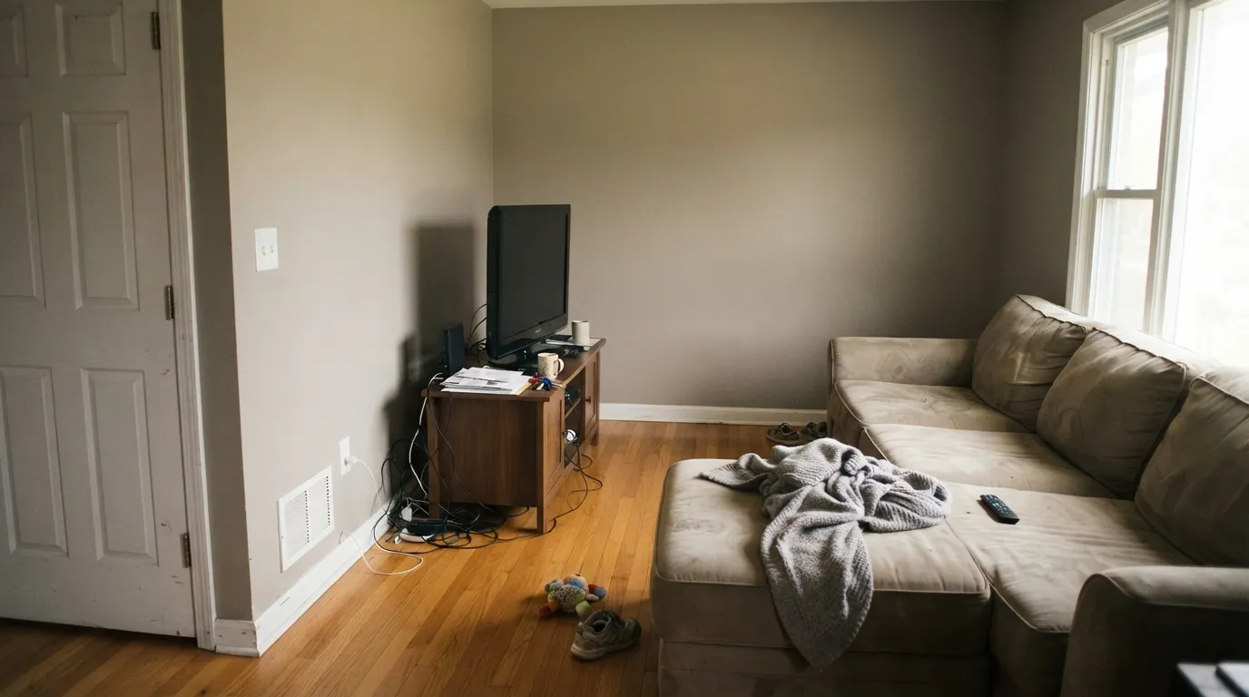Graceful Gray across a family room in real afternoon light — deep enough to frame the room on its own, warm enough that the oak floor stops looking orange.